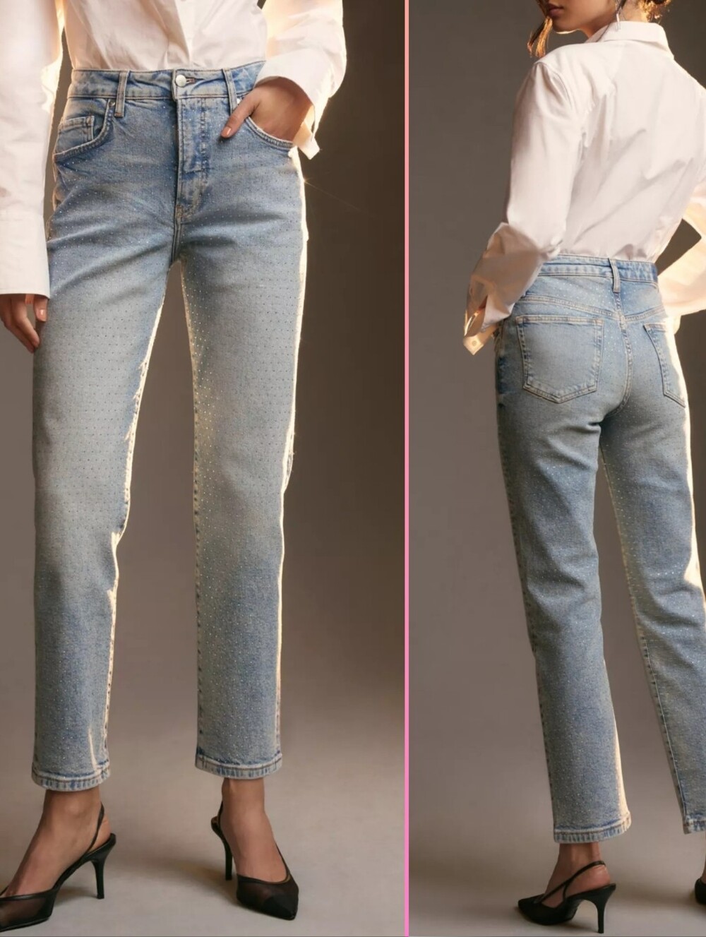 Pilcro Anthropologie High-Rise Gem Straight-Leg Jeans Rhinestone 31 Petite